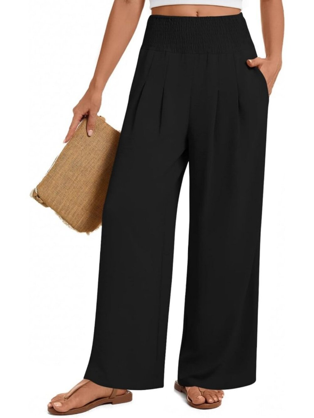 Chic Women's Wide Leg Palazzo Pants - Casual Flowy, Elastic Waist, Pockets - Picture 2 of 5